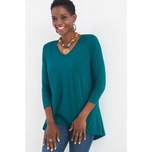 Chico's Womens The Ultimate Tee Slub V-Neck Cotton Blend Teal 3/4 Sleeve Shirt 0